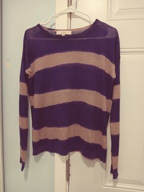 LOFT Purple and Tan Striped Boatneck Sweater
